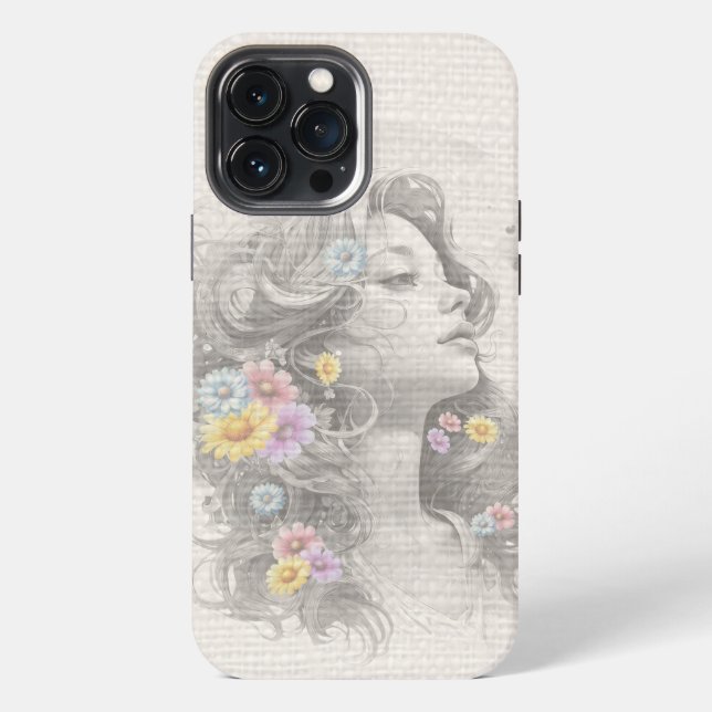 Funda Para iPhone Rostro de Mujer Con Efecto de Arpillera de Flores (Reverso )