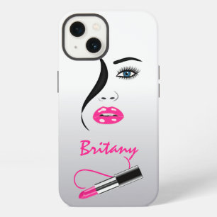 Rostro elegante con lápiz labial rosa en el espejo