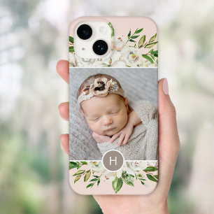 Funda Para iPhone 14 Rubor de flores doradas Foto monogramada