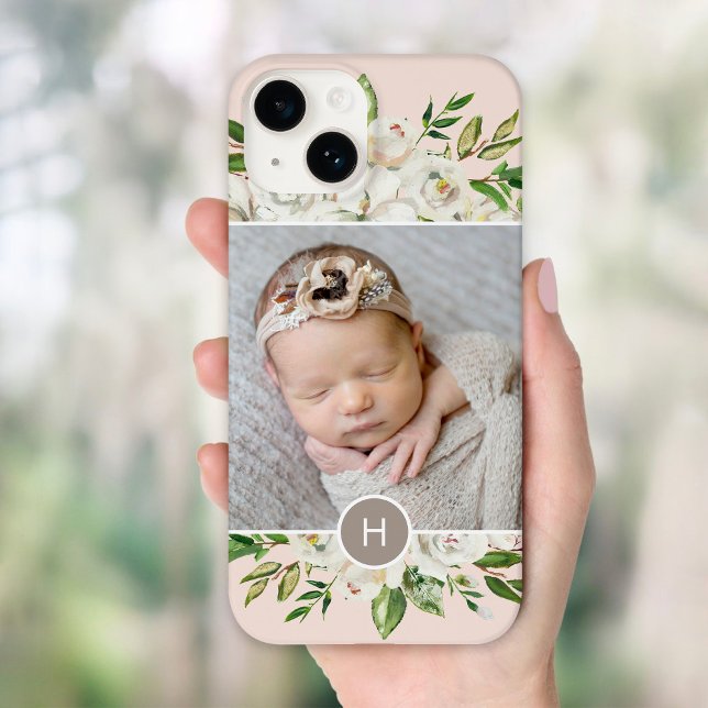 Funda Para iPhone Rubor de flores doradas | Foto monogramada (Subido por el creador)