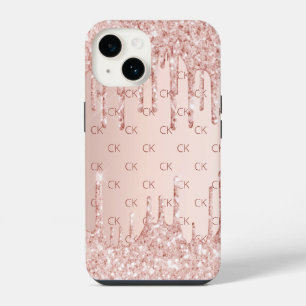 Funda Para iPhone 14 Rubor de oro rosa brillo gotas iniciales monograma