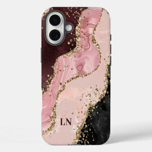 Funda Para iPhone 16 Plus Rubor Negro Oro Glitter Ágata Monograma