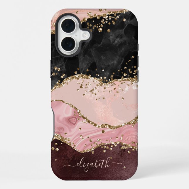 Funda Para iPhone Rubor Negro Oro Glitter Agata Nombre Script (Reverso )