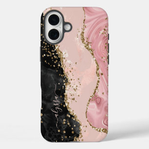 Funda Para iPhone 16 Plus Rubor Negro Oro Glitter Ágata Nombre Script
