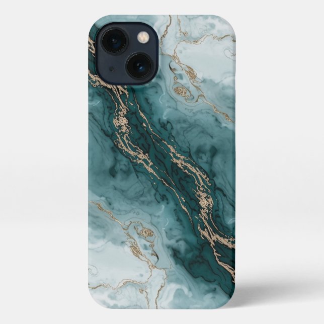 Funda Para iPhone Sage Teal & Gold Marble Phone Case (Reverso )