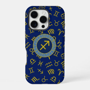 Funda Para iPhone 16 Pro Sagitario Símbolos de Zodiaco+Astrología Ptn Gld+A