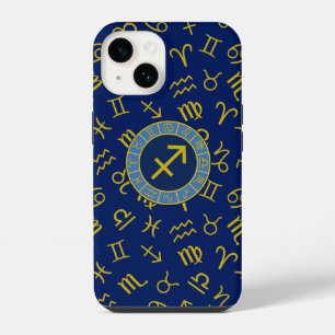 Funda Para iPhone 14 Sagitario Símbolos de Zodiaco+Astrología Ptn Gld+B