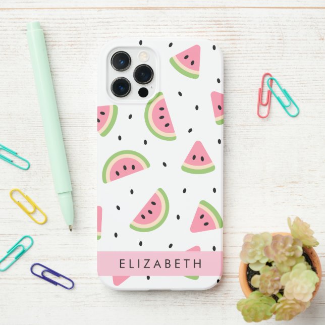 Funda Para iPhone sandías rosas, semillas de sandía, tu nombre (En el escritorio)