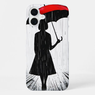 Funda Para iPhone 16 Plus "Scarlet Umbrella" Rain Silhouette Art