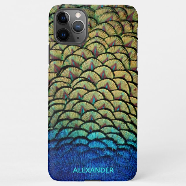 Funda Para iPhone Se nombra la pluma azul Peacock personalizada (Reverso)