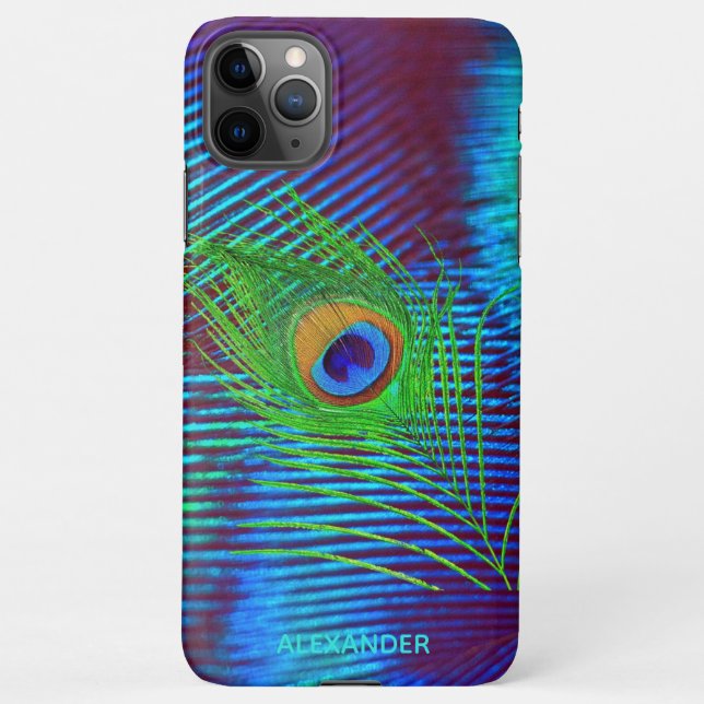 Funda Para iPhone Se nombra la pluma azul Peacock personalizada (Reverso)