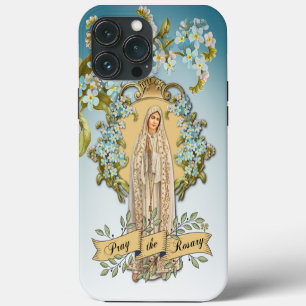Funda Para iPhone 13 Pro Max Señora de Fátima Virgen María Azul Floral Religios