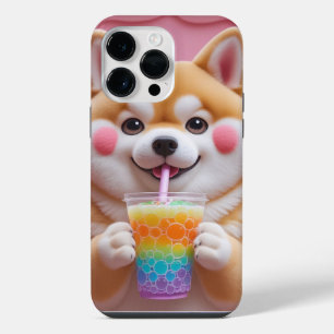 Funda Para iPhone 14 Pro Max Shiba Adorable Inu con teléfono de té con burbuja