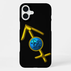 Funda Para iPhone 16 Plus SIGNO DEL ZODIACO SAGITARIO EN ORO, Turquesa Azul,