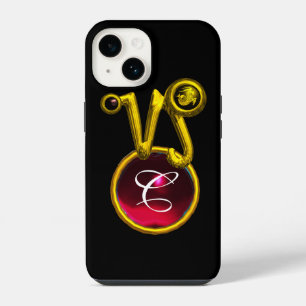 FUNDA PARA iPhone 14 SIGNO ZODIACAL CAPRICORNIO ORO RUBÍ ROJO MONOGRAMA