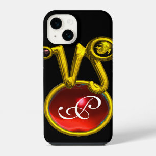 FUNDA PARA iPhone 14 SIGNO ZODIACAL CAPRICORNIO ORO RUBÍ ROJO MONOGRAMA