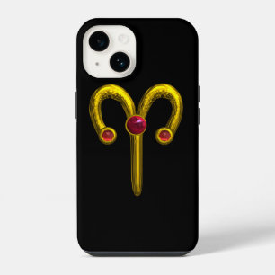 Funda Para iPhone 14 SIGNO ZODIACAL DE ORO ARIES, Rubí Rojo Negro