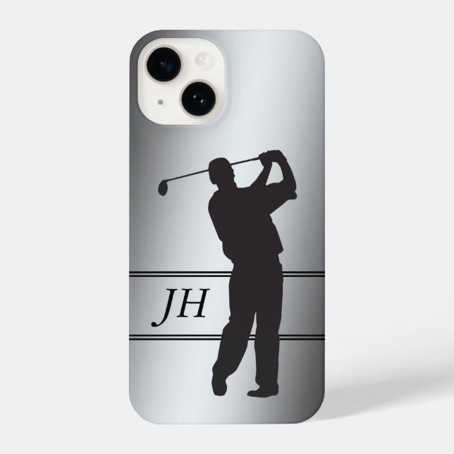 Funda Para iPhone Silhouette Golfer negra en monograma plateado (Reverso )