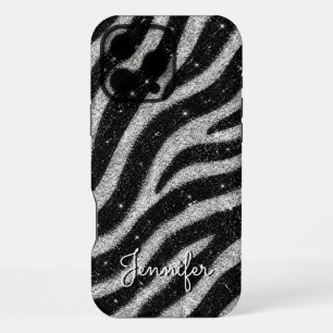 Funda Para iPhone 16 Pro Max Silver Glitter Zebra Print Glam Personalized Name