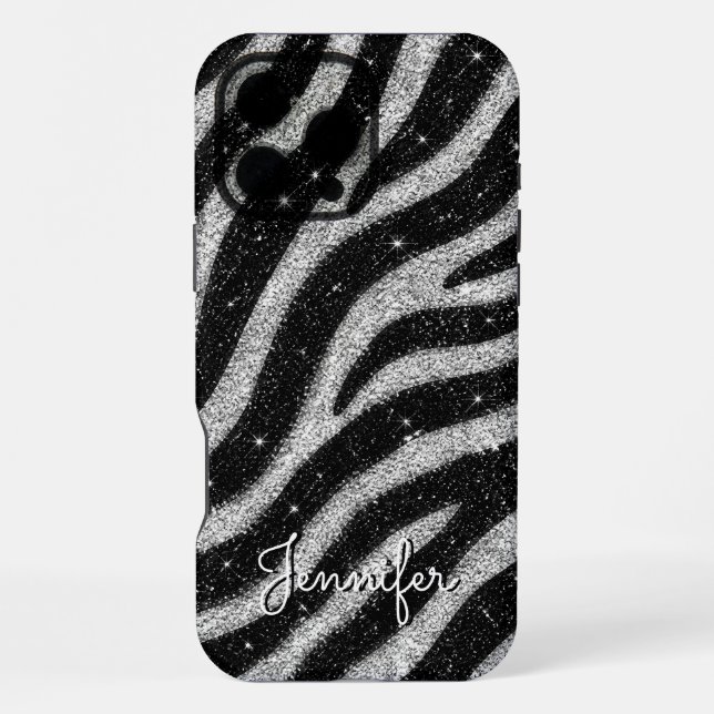 Funda Para iPhone Silver Glitter Zebra Print Glam Personalized Name (Reverso )