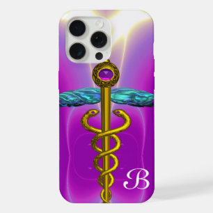 SÍMBOLO MÉDICO CADUCEO DE ORO Monograma Púrpura