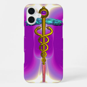 Funda Para iPhone 16 Plus SÍMBOLO MÉDICO CADUCEO DE ORO Rosa Violeta Púrpura