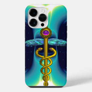 Funda Para iPhone 14 Pro Max SÍMBOLO MÉDICO CADUCEO DE ORO ,Turquesa Azul Teal