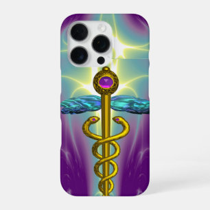 Funda Para iPhone 16 Pro SÍMBOLO MÉDICO CADUCEO DE ORO , Verde Turquesa Púr