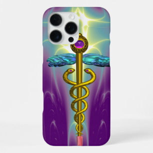 Funda Para iPhone 16 Pro Max SÍMBOLO MÉDICO CADUCEO DE ORO ,Verde Turquesa Púrp