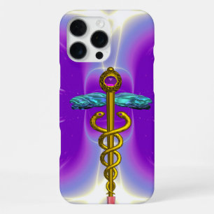Funda Para iPhone 16 Pro Max SÍMBOLO MÉDICO CADUCEO DE ORO ,Violeta Púrpura