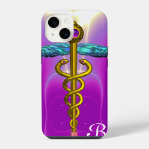 Funda Para iPhone 14 Símbolo médico caduceo dorado monograma rosa púrpu