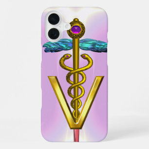 Funda Para iPhone 16 Plus SÍMBOLO VETERINARIO CADUCEO DORADO Rosa Claro Lila