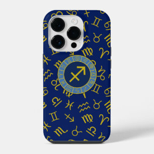 Funda Para iPhone 14 Pro Símbolos Zodiaco + Astrología Ptn Gld+Blues