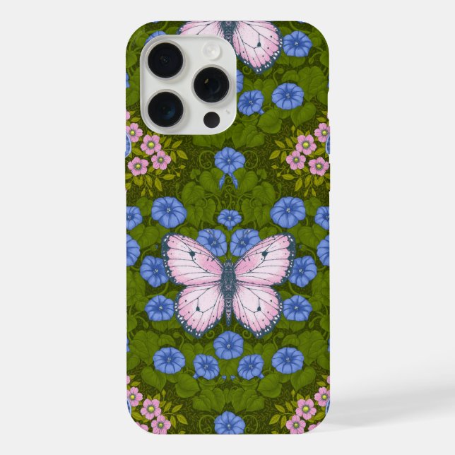 Funda Para iPhone Simetría de mariposas y flores, azul y rosa (Reverso )