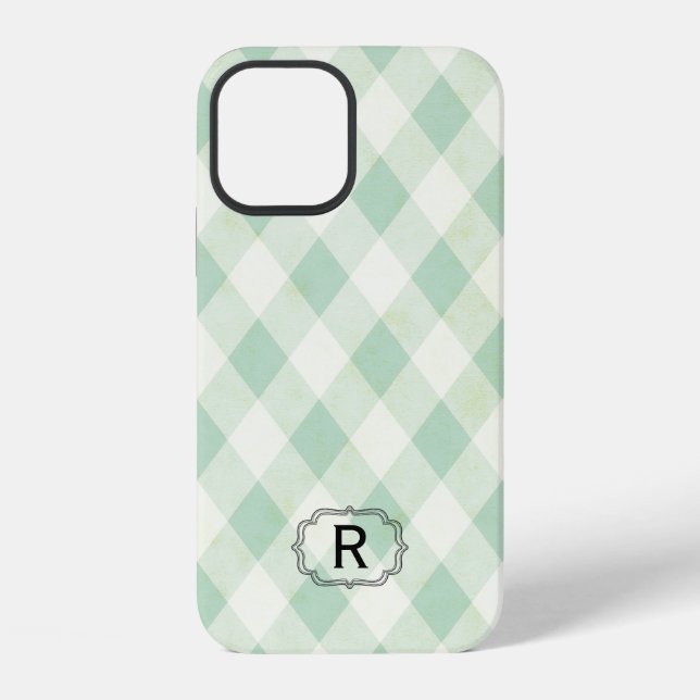 Funda Para iPhone Single Monogram Framed on Mint and Green Gingham (Reverso )