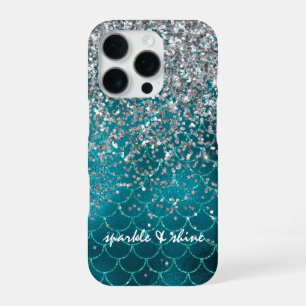 Funda Para iPhone 16 Pro Sirena personalizada destello plateado verde azula