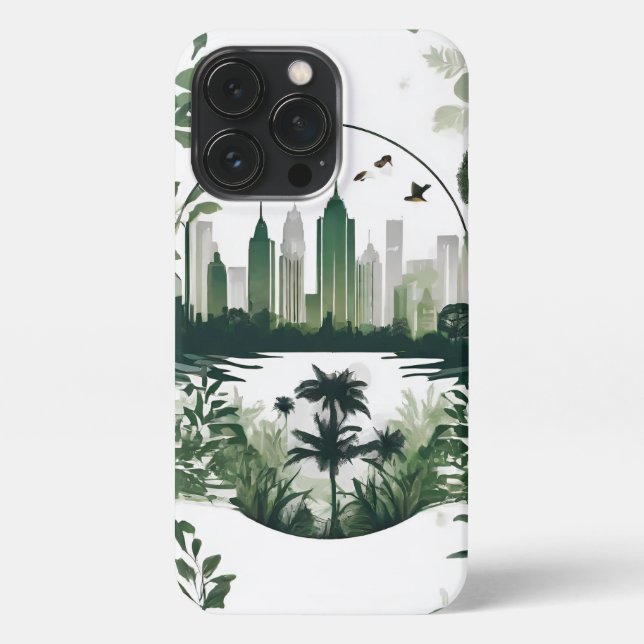 Funda Para iPhone Skyline in Grüntönen Stadt Natur Aquarell (Reverso)