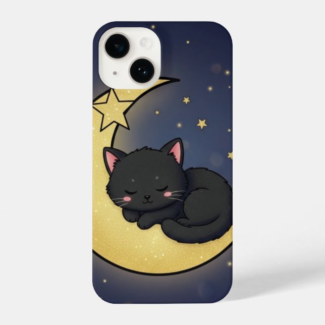 Funda Para iPhone Sleeping Black Cat Gold Crescent Moon Celestial (Reverso )