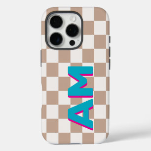 Funda Para iPhone 16 Pro Sombra de Monograma Rosa Turquesa Tablero de Beige