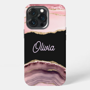 Funda Para iPhone 13 Pro Sombras de Ágata Rosa y Brillo Dorado - Monograma 