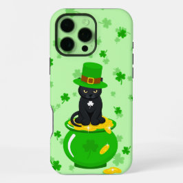 Funda Para iPhone 16 Pro Max St. Patrick's Day Shamrock Pot of Gold Black Cat