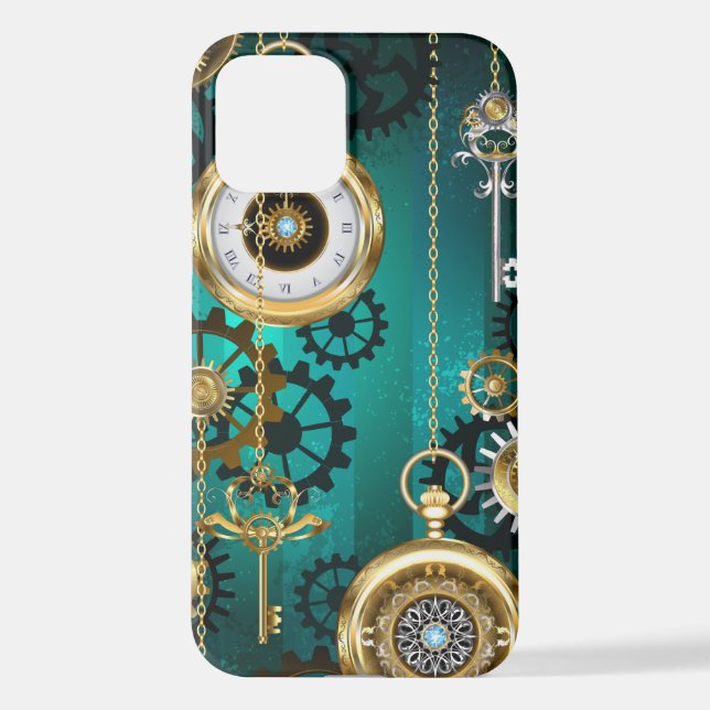 Funda Para iPhone Steampunk Jewelry Watch sobre un fondo verde (Reverso )