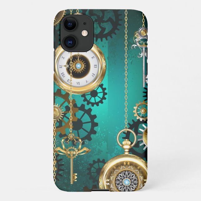 Funda Para iPhone Steampunk Jewelry Watch sobre un fondo verde (Reverso)