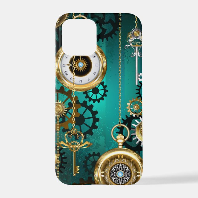 Funda Para iPhone Steampunk Jewelry Watch sobre un fondo verde (Reverso )