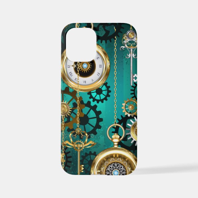 Funda Para iPhone Steampunk Jewelry Watch sobre un fondo verde (Reverso )
