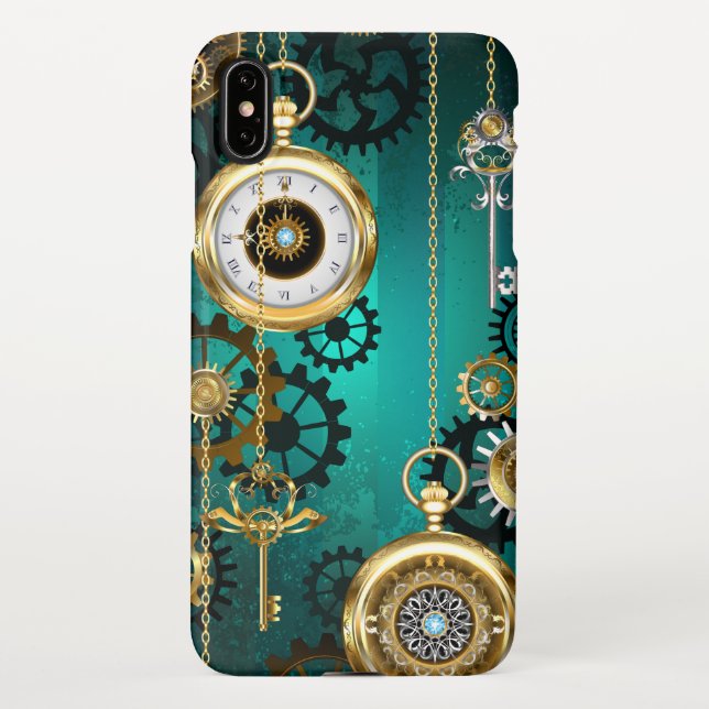 Funda Para iPhone Steampunk Jewelry Watch sobre un fondo verde (Reverso)