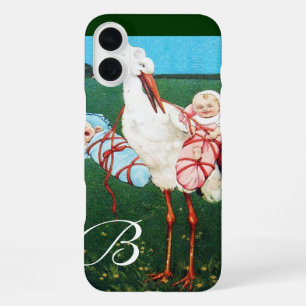 FUNDA PARA iPhone 16 PLUS STORK TWIN BABY SHOWER MONOGRAM
