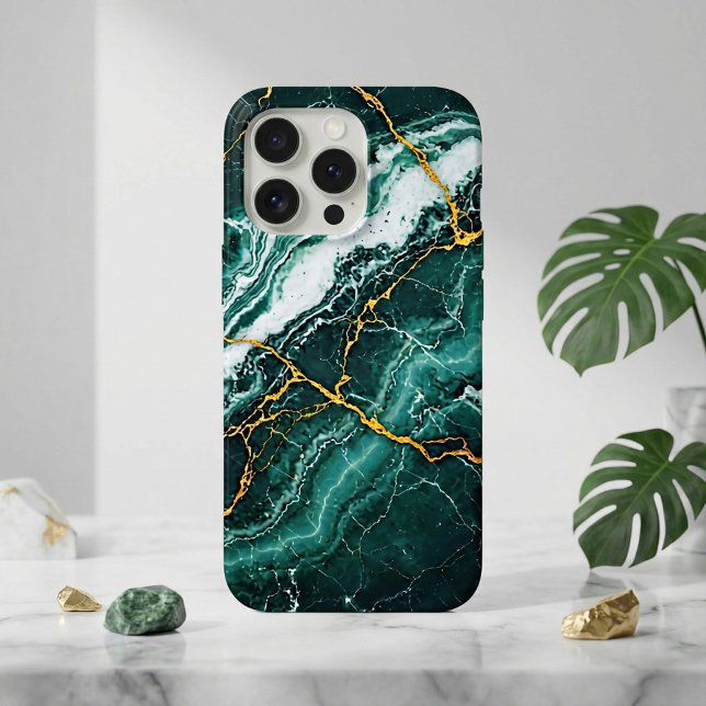 Funda Para iPhone Stormy Sea Green Marble & Gold Cracks (Subido por el creador)