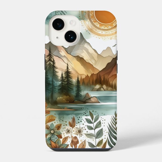 Funda Para iPhone Sunny Rustic Boho Nature Pattern Mountain Lake (Reverso )