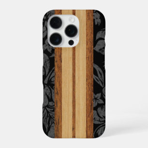 Funda Para iPhone 16 Pro Sunset Beach Faux Wood Surfboard Hawaiano Negro Ca
